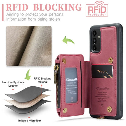 CASEME C20 Series Phone Case for Samsung Galaxy A14 5G / A14 4G RFID Blocking Zipper Pocket Kickstand Wallet Cover with Strap