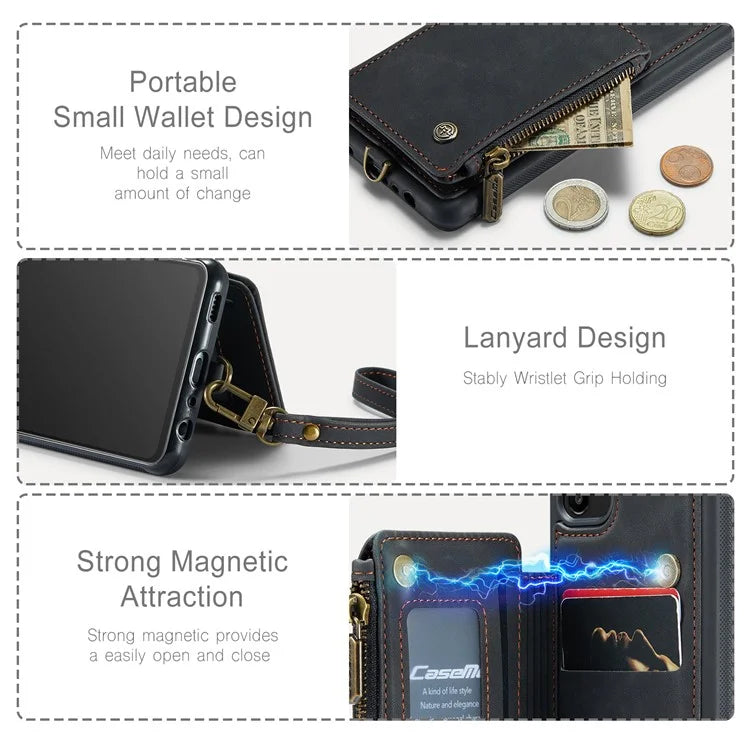 CASEME C20 Series Phone Case for Samsung Galaxy A14 5G / A14 4G RFID Blocking Zipper Pocket Kickstand Wallet Cover with Strap