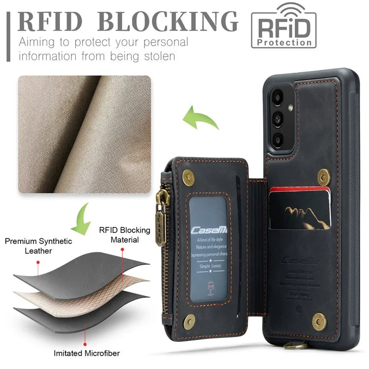 CASEME C20 Series Phone Case for Samsung Galaxy A14 5G / A14 4G RFID Blocking Zipper Pocket Kickstand Wallet Cover with Strap