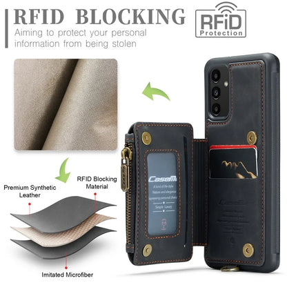 CASEME C20 Series Phone Case for Samsung Galaxy A14 5G / A14 4G RFID Blocking Zipper Pocket Kickstand Wallet Cover with Strap
