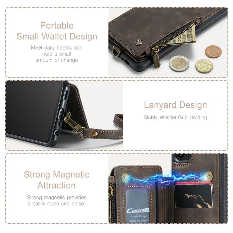 CASEME C20 Series Phone Case for Samsung Galaxy A14 5G / A14 4G RFID Blocking Zipper Pocket Kickstand Wallet Cover with Strap