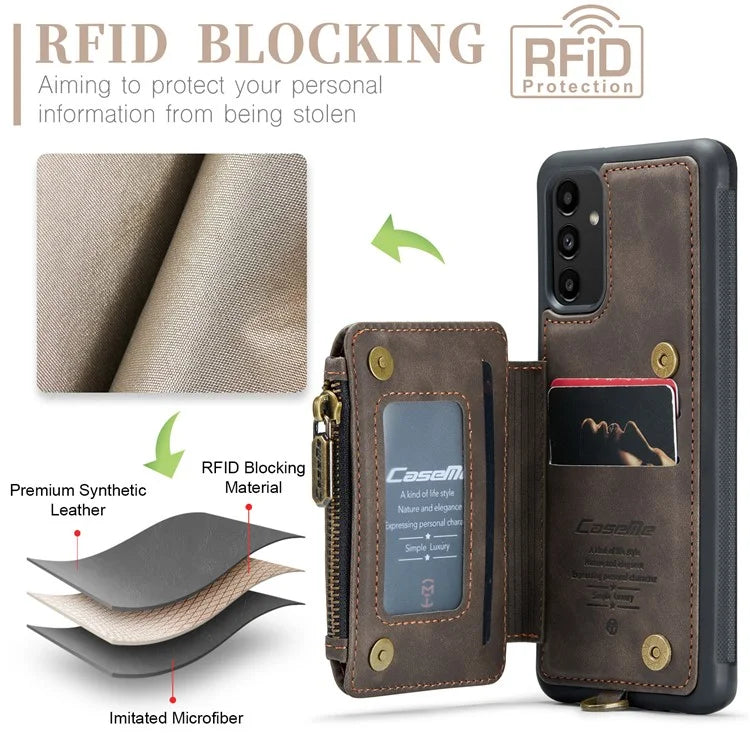 CASEME C20 Series Phone Case for Samsung Galaxy A14 5G / A14 4G RFID Blocking Zipper Pocket Kickstand Wallet Cover with Strap