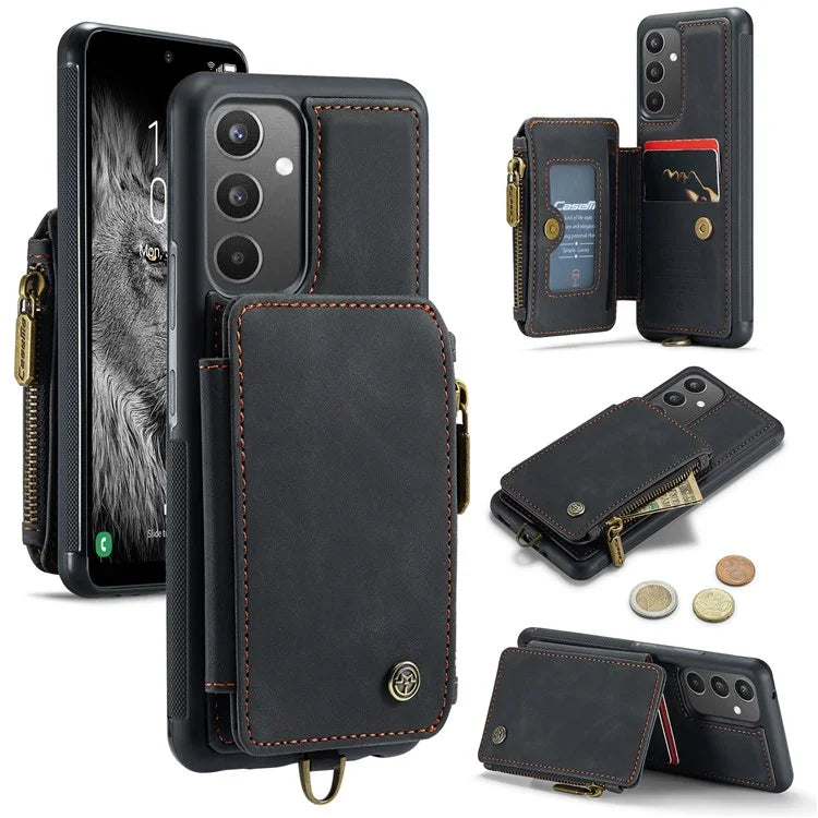 CASEME C20 Series for Samsung Galaxy A34 5G RFID Blocking Anti-fall Phone Cover Zipper Pocket Kickstand Phone Case with Strap