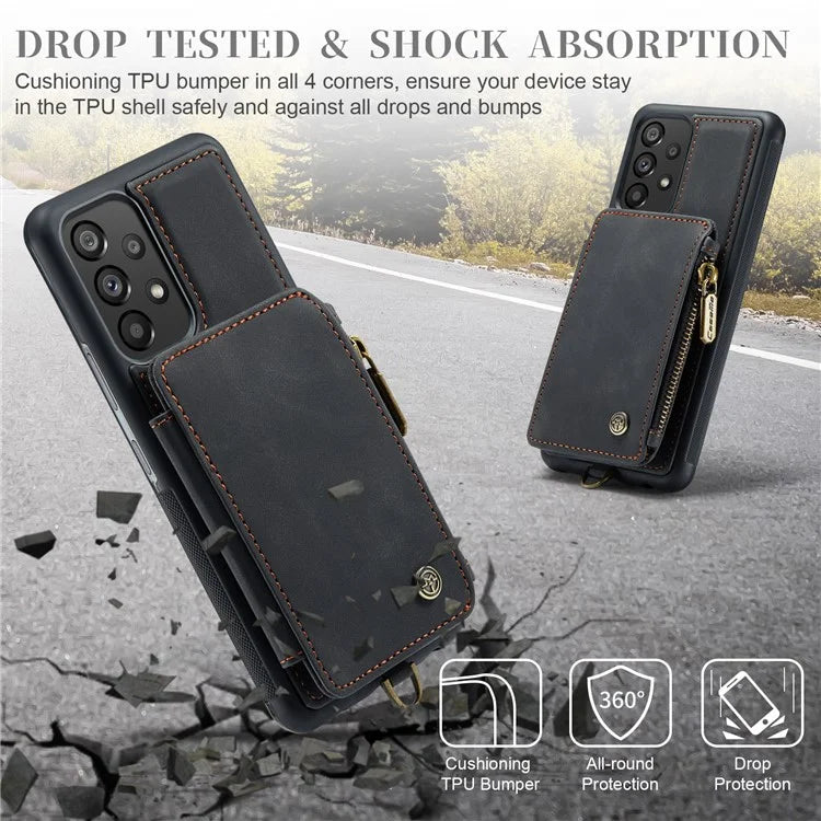 CASEME C20 Series for Samsung Galaxy A34 5G RFID Blocking Anti-fall Phone Cover Zipper Pocket Kickstand Phone Case with Strap