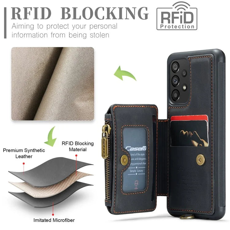 CASEME C20 Series for Samsung Galaxy A34 5G RFID Blocking Anti-fall Phone Cover Zipper Pocket Kickstand Phone Case with Strap
