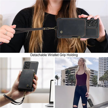 CASEME C20 Series for Samsung Galaxy A34 5G RFID Blocking Anti-fall Phone Cover Zipper Pocket Kickstand Phone Case with Strap