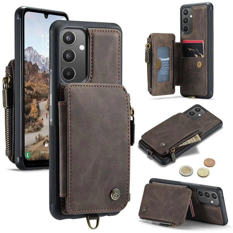 CASEME C20 Series for Samsung Galaxy A34 5G RFID Blocking Anti-fall Phone Cover Zipper Pocket Kickstand Phone Case with Strap