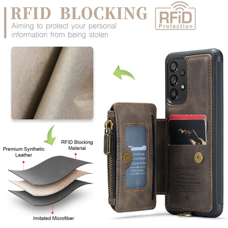 CASEME C20 Series for Samsung Galaxy A34 5G RFID Blocking Anti-fall Phone Cover Zipper Pocket Kickstand Phone Case with Strap