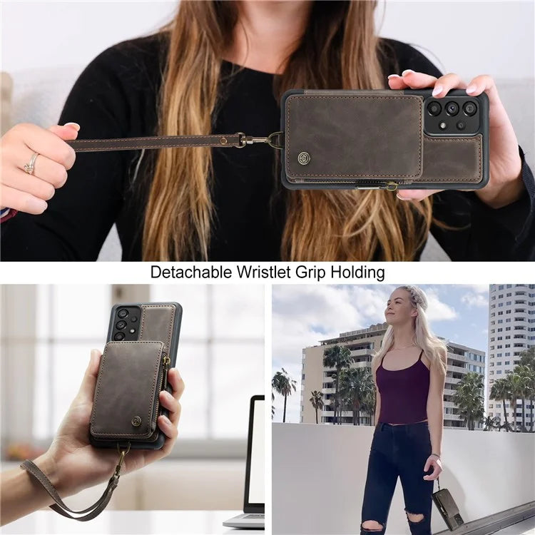 CASEME C20 Series for Samsung Galaxy A34 5G RFID Blocking Anti-fall Phone Cover Zipper Pocket Kickstand Phone Case with Strap