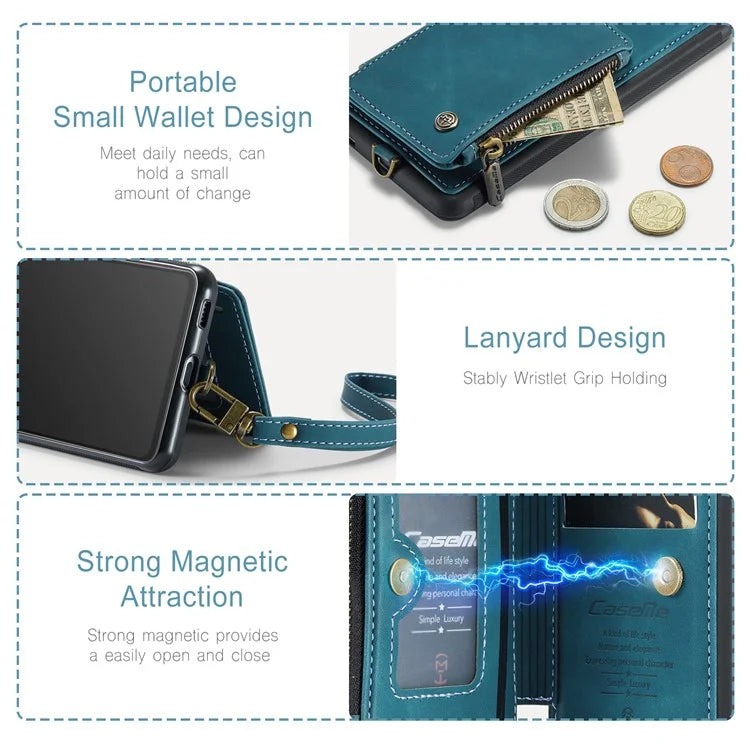 CASEME C20 Series for Samsung Galaxy A34 5G RFID Blocking Anti-fall Phone Cover Zipper Pocket Kickstand Phone Case with Strap