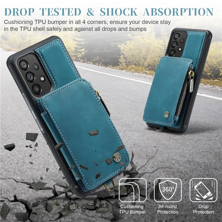 CASEME C20 Series for Samsung Galaxy A34 5G RFID Blocking Anti-fall Phone Cover Zipper Pocket Kickstand Phone Case with Strap