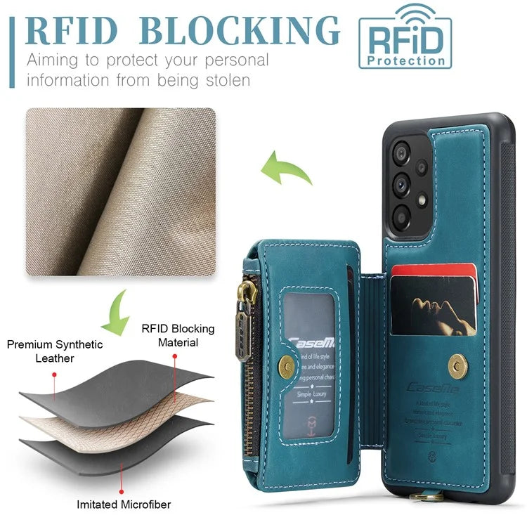 CASEME C20 Series for Samsung Galaxy A34 5G RFID Blocking Anti-fall Phone Cover Zipper Pocket Kickstand Phone Case with Strap