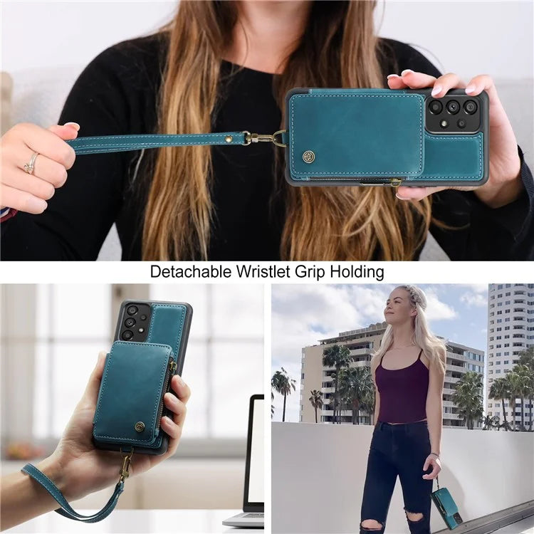 CASEME C20 Series for Samsung Galaxy A34 5G RFID Blocking Anti-fall Phone Cover Zipper Pocket Kickstand Phone Case with Strap