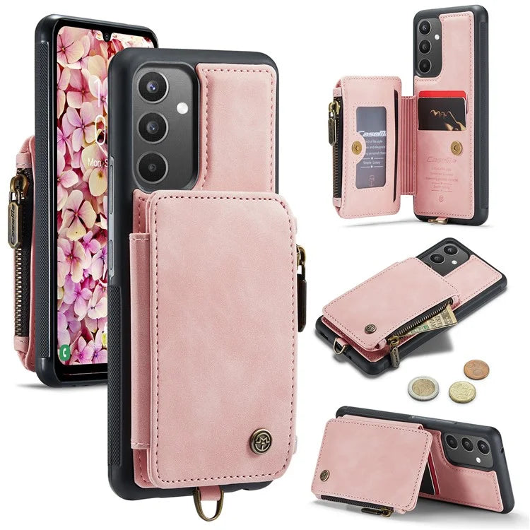 CASEME C20 Series for Samsung Galaxy A34 5G RFID Blocking Anti-fall Phone Cover Zipper Pocket Kickstand Phone Case with Strap