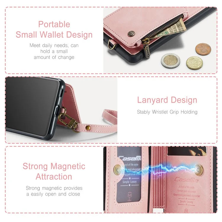 CASEME C20 Series for Samsung Galaxy A34 5G RFID Blocking Anti-fall Phone Cover Zipper Pocket Kickstand Phone Case with Strap