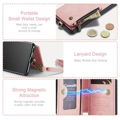 CASEME C20 Series for Samsung Galaxy A34 5G RFID Blocking Anti-fall Phone Cover Zipper Pocket Kickstand Phone Case with Strap
