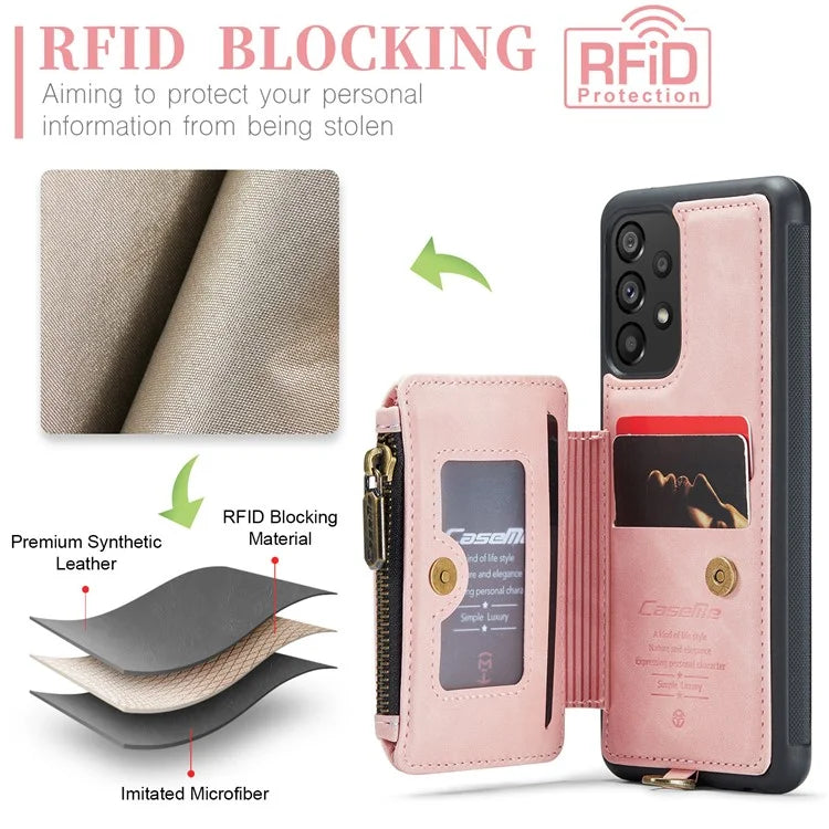 CASEME C20 Series for Samsung Galaxy A34 5G RFID Blocking Anti-fall Phone Cover Zipper Pocket Kickstand Phone Case with Strap
