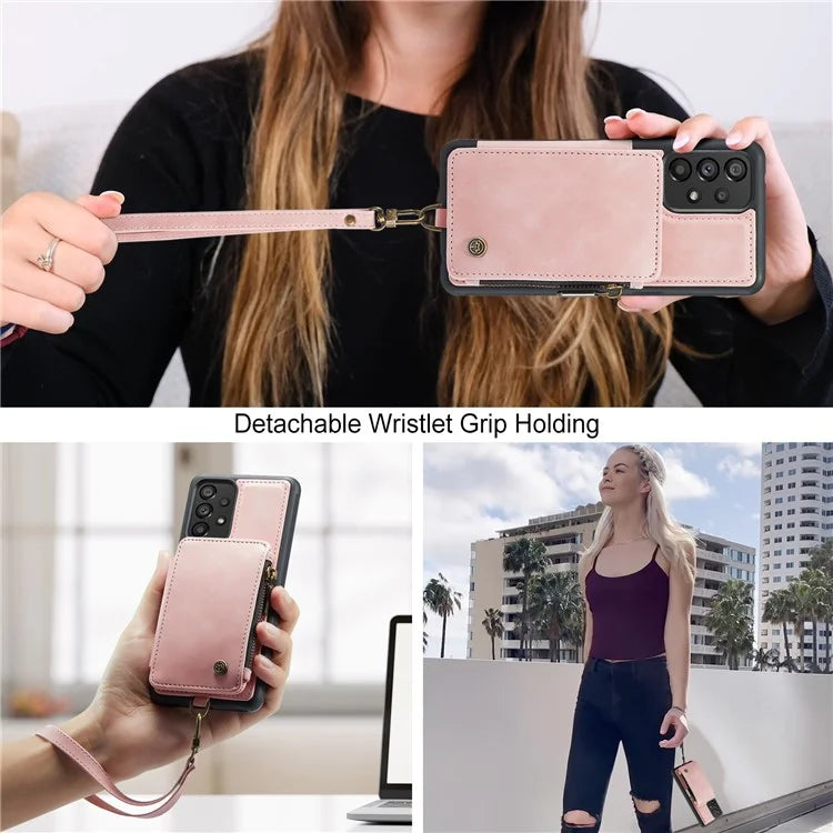 CASEME C20 Series for Samsung Galaxy A34 5G RFID Blocking Anti-fall Phone Cover Zipper Pocket Kickstand Phone Case with Strap