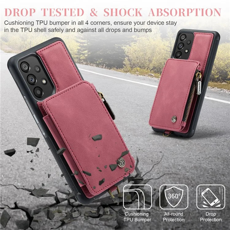 CASEME C20 Series for Samsung Galaxy A34 5G RFID Blocking Anti-fall Phone Cover Zipper Pocket Kickstand Phone Case with Strap