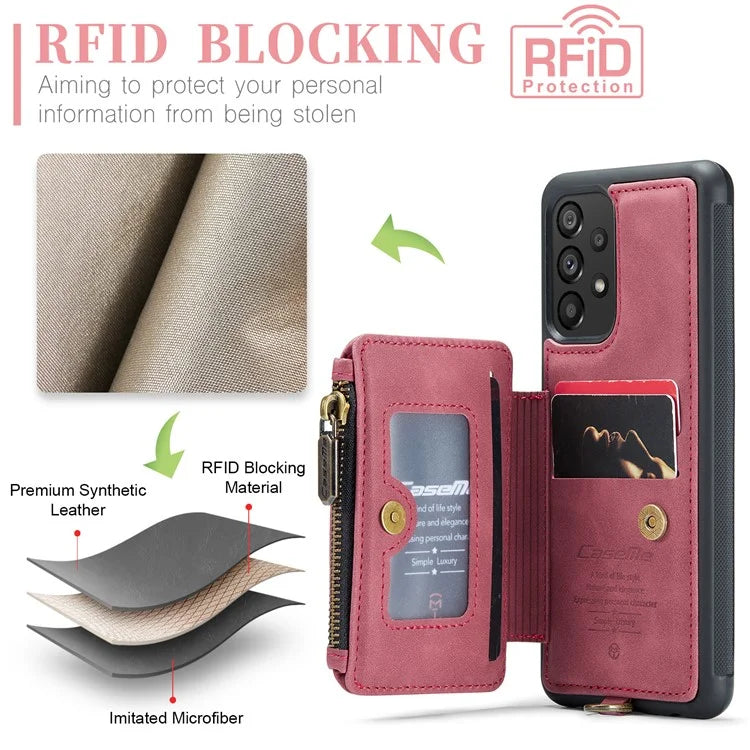 CASEME C20 Series for Samsung Galaxy A34 5G RFID Blocking Anti-fall Phone Cover Zipper Pocket Kickstand Phone Case with Strap