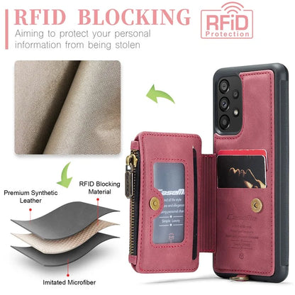 CASEME C20 Series for Samsung Galaxy A34 5G RFID Blocking Anti-fall Phone Cover Zipper Pocket Kickstand Phone Case with Strap