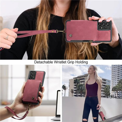 CASEME C20 Series for Samsung Galaxy A34 5G RFID Blocking Anti-fall Phone Cover Zipper Pocket Kickstand Phone Case with Strap