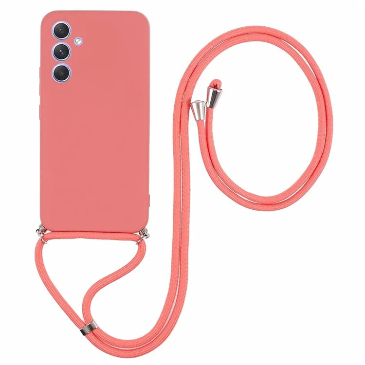 For Samsung Galaxy A14 5G / A14 4G Case Fiber Lining Rubberized TPU Cover with Long Lanyard