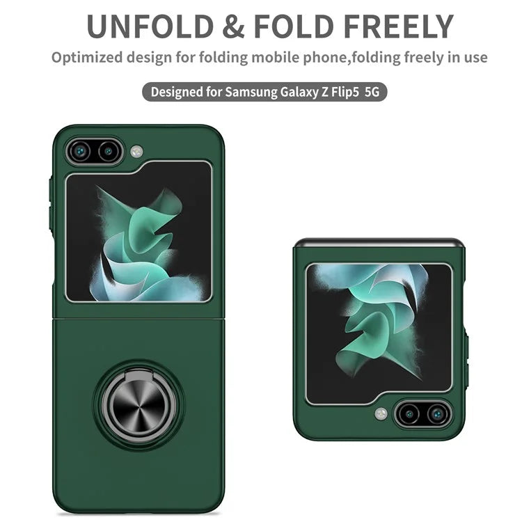 For Samsung Galaxy Z Flip5 5G Hard PC Phone Case Ring Kickstand Cover Support Magnetic Car Mountish Green