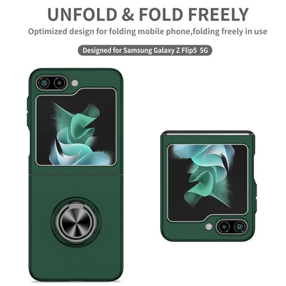 For Samsung Galaxy Z Flip5 5G Hard PC Phone Case Ring Kickstand Cover Support Magnetic Car Mountish Green