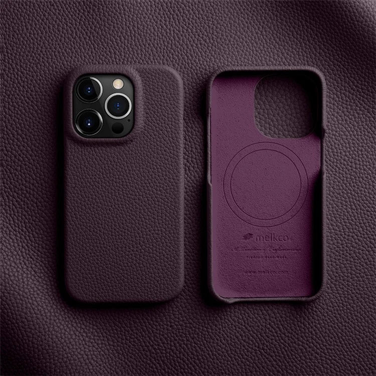 MELKCO For iPhone 14 Pro Max Magnetic Protective Case Genuine Cow Leather Coated PC Phone Cover