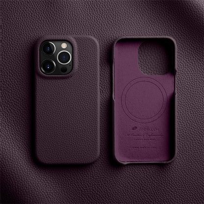 MELKCO For iPhone 14 Pro Max Magnetic Protective Case Genuine Cow Leather Coated PC Phone Cover