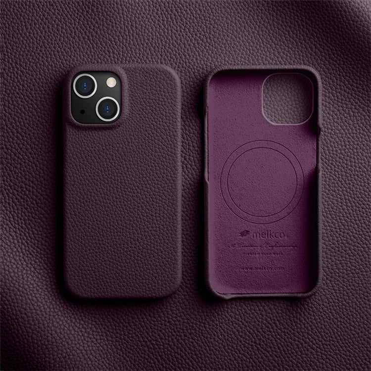 MELKCO For iPhone 14 Anti-drop Case Genuine Cow Leather+PC Phone Cover Compatible with MagSafe
