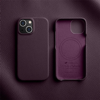 MELKCO For iPhone 14 Anti-drop Case Genuine Cow Leather+PC Phone Cover Compatible with MagSafe