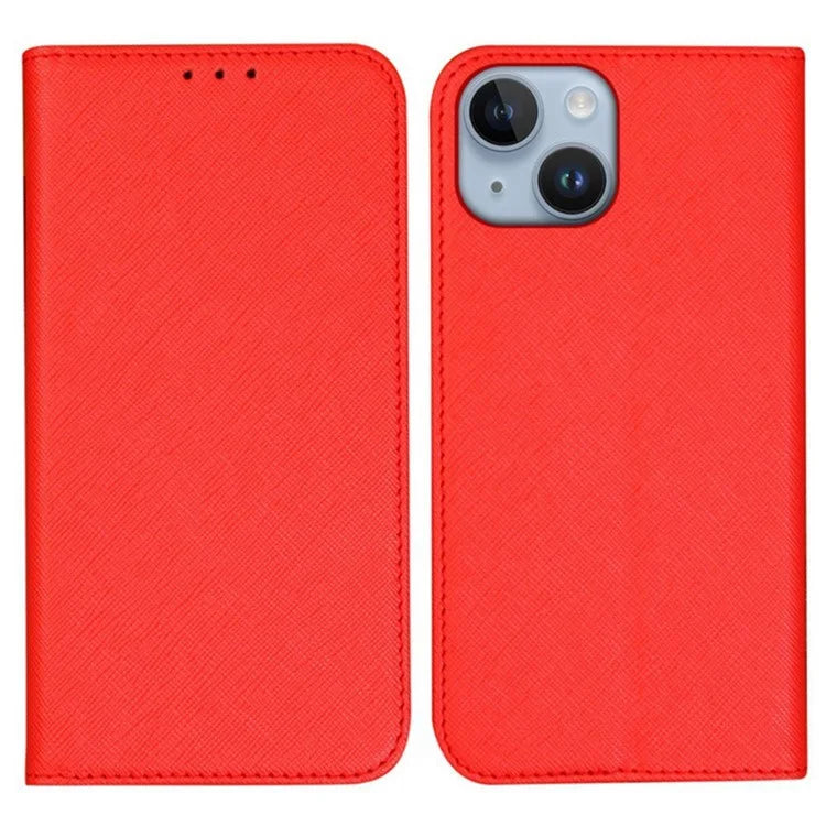 For iPhone 15 Wallet Phone Case PU Leather Cross Texture Stand Magnetic Cover