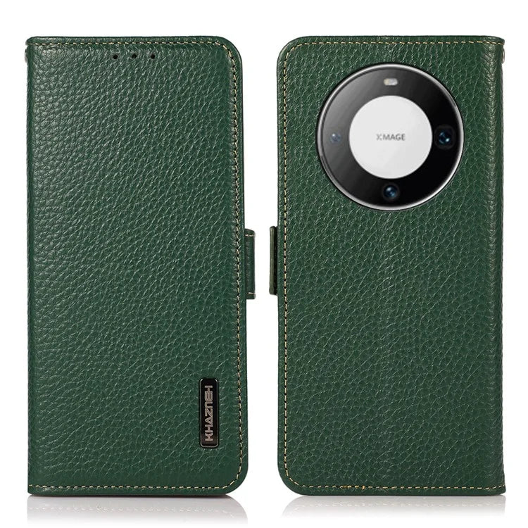 KHAZNEH For Huawei Mate 60 Case Wallet Stand RFID Blocking Genuine Cow Leather Phone Shell