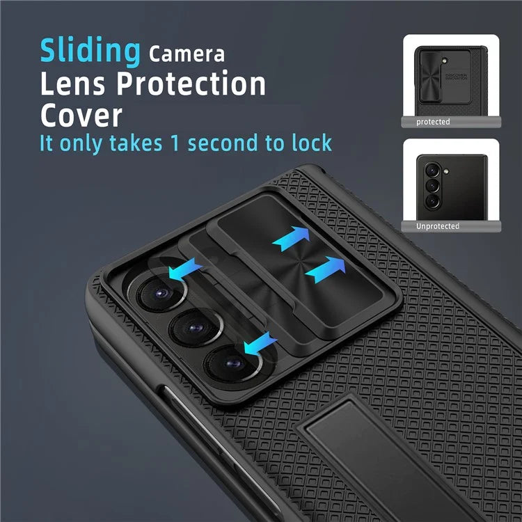 For Samsung Galaxy Z Fold5 5G Case Kickstand Slide Lens Lid Phone Cover with Tempered Glass Film