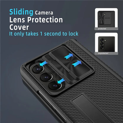 For Samsung Galaxy Z Fold5 5G Case Kickstand Slide Lens Lid Phone Cover with Tempered Glass Film