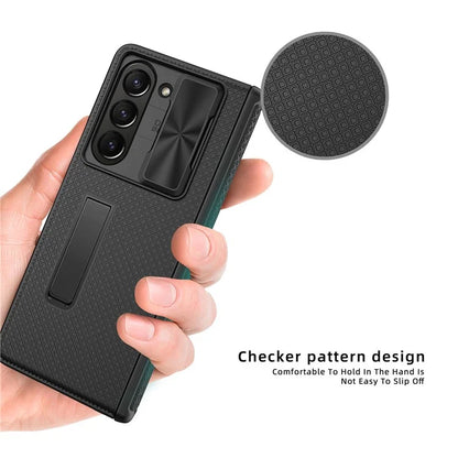 For Samsung Galaxy Z Fold5 5G Case Kickstand Slide Lens Lid Phone Cover with Tempered Glass Film
