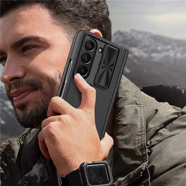 For Samsung Galaxy Z Fold5 5G Case Kickstand Slide Lens Lid Phone Cover with Tempered Glass Film