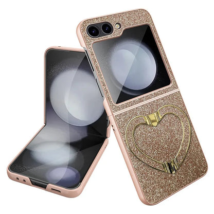 For Samsung Galaxy Z Flip5 5G Case Heart-Shape Kickstand Glitter PU Leather+PC Phone Cover