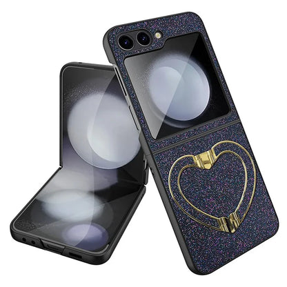 For Samsung Galaxy Z Flip5 5G Case Heart-Shape Kickstand Glitter PU Leather+PC Phone Cover