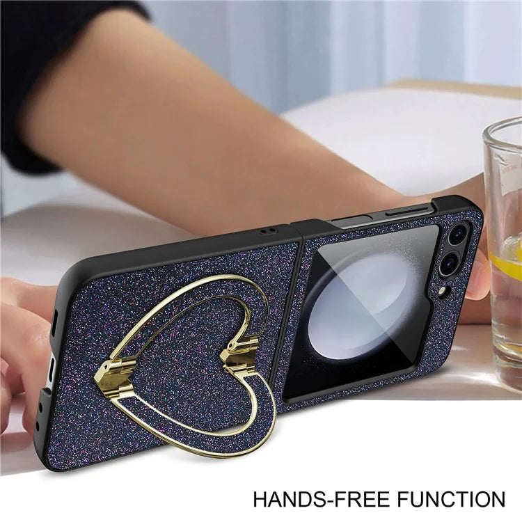 For Samsung Galaxy Z Flip5 5G Case Heart-Shape Kickstand Glitter PU Leather+PC Phone Cover