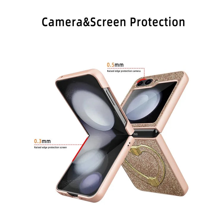 For Samsung Galaxy Z Flip5 5G Case Heart-Shape Kickstand Glitter PU Leather+PC Phone Cover