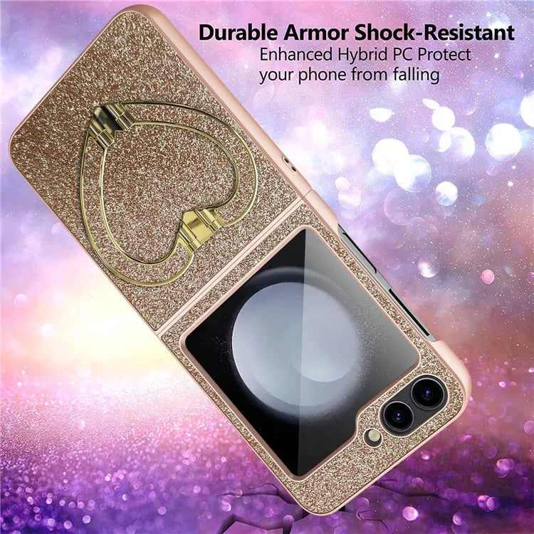 For Samsung Galaxy Z Flip5 5G Case Heart-Shape Kickstand Glitter PU Leather+PC Phone Cover