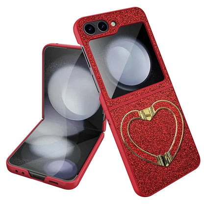 For Samsung Galaxy Z Flip5 5G Case Heart-Shape Kickstand Glitter PU Leather+PC Phone Cover