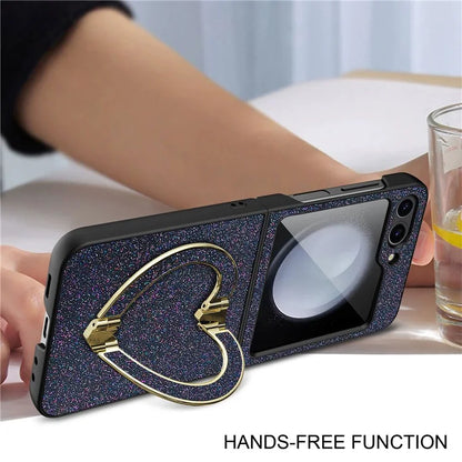 For Samsung Galaxy Z Flip5 5G Case Heart-Shape Kickstand Glitter PU Leather+PC Phone Cover
