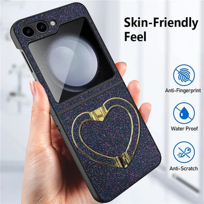 For Samsung Galaxy Z Flip5 5G Case Heart-Shape Kickstand Glitter PU Leather+PC Phone Cover