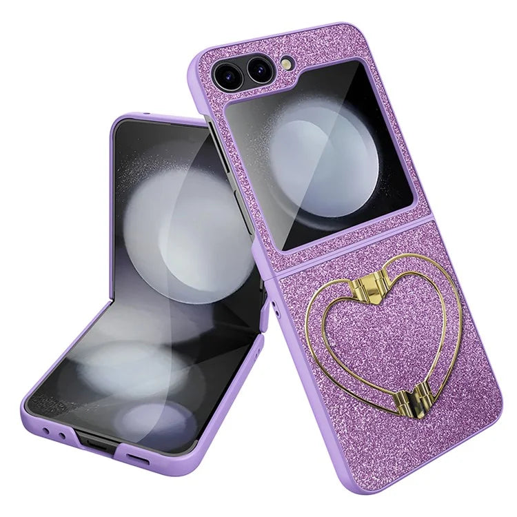 For Samsung Galaxy Z Flip5 5G Case Heart-Shape Kickstand Glitter PU Leather+PC Phone Cover