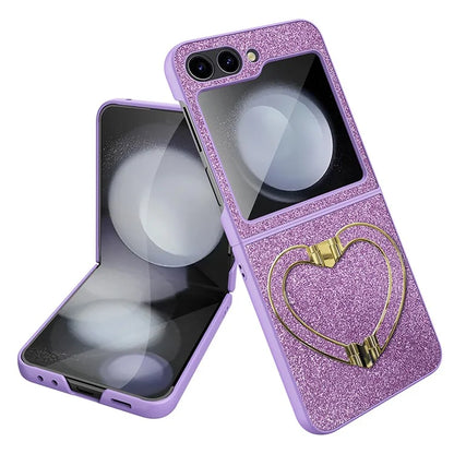 For Samsung Galaxy Z Flip5 5G Case Heart-Shape Kickstand Glitter PU Leather+PC Phone Cover