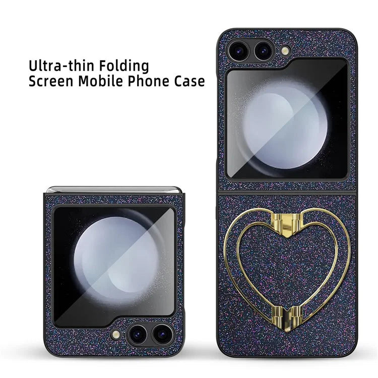 For Samsung Galaxy Z Flip5 5G Case Heart-Shape Kickstand Glitter PU Leather+PC Phone Cover